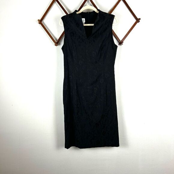 DAVID WARREN Floral Damask Split Neck Dress Size 12 Black EUC N431 - Picture 1 of 7
